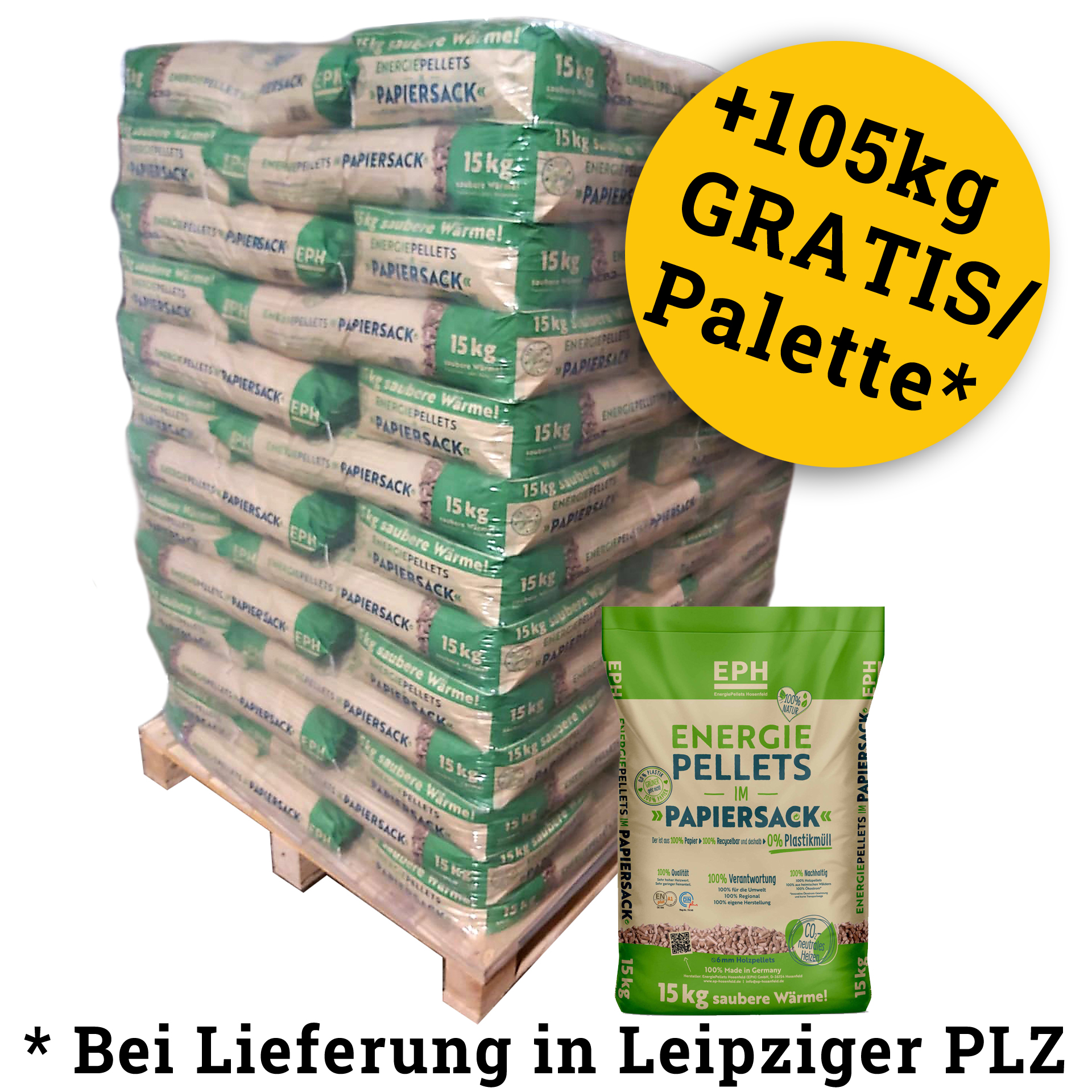 975kg Deutsche Nadelholz-Pellets "EPH" im Papier-Sack